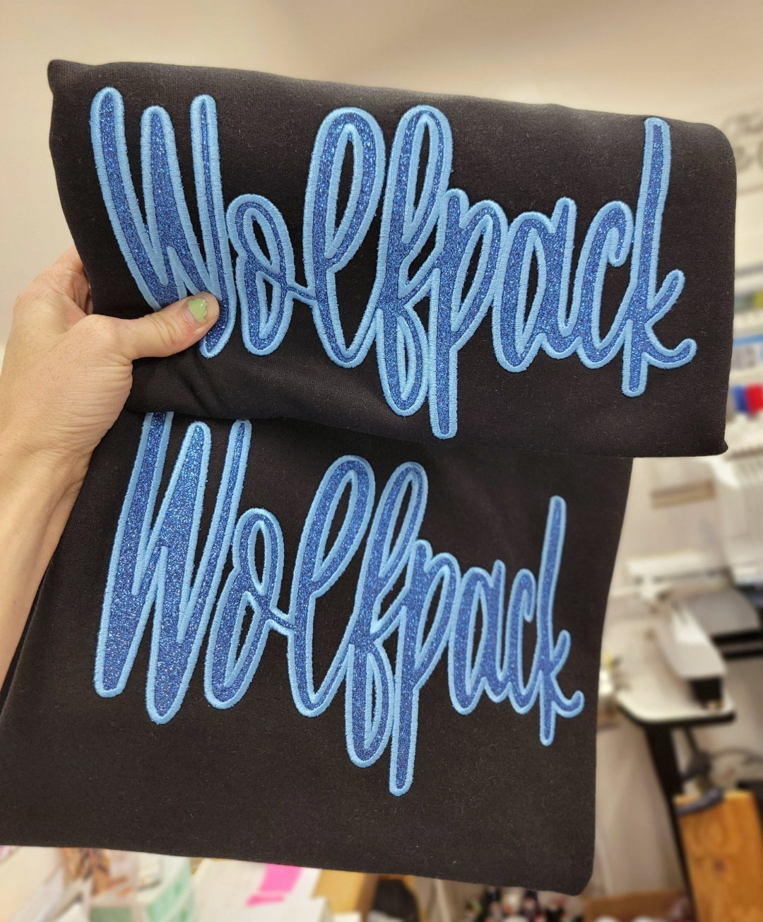 Wolfpack Satin Script Sparkle Crewneck