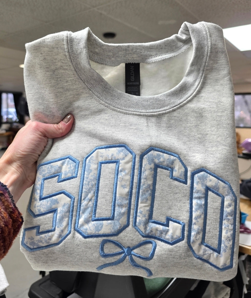 Custom Bow Light Blue Floral Applique Crewneck