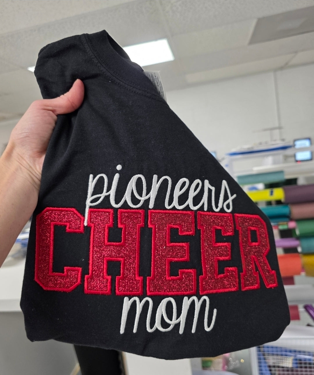 Pioneers Cheer Mom Sparkle Crewneck/Tee