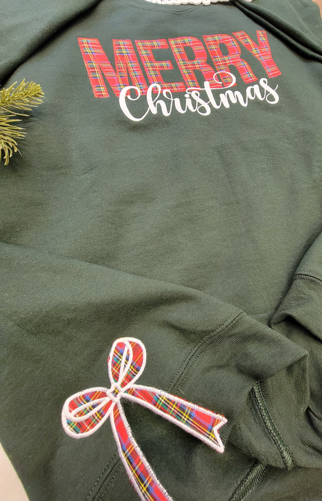 Merry Christmas Plaid Split Side Bow Crewneck