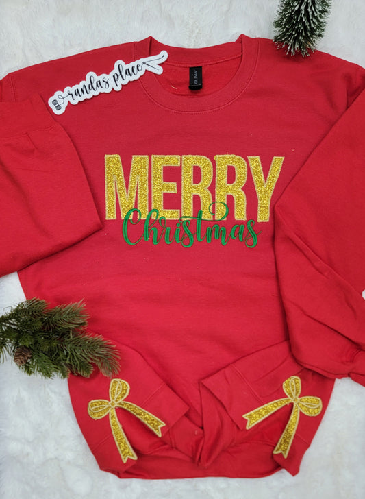 Merry Christmas Sparkle Split Side Bow Crewneck