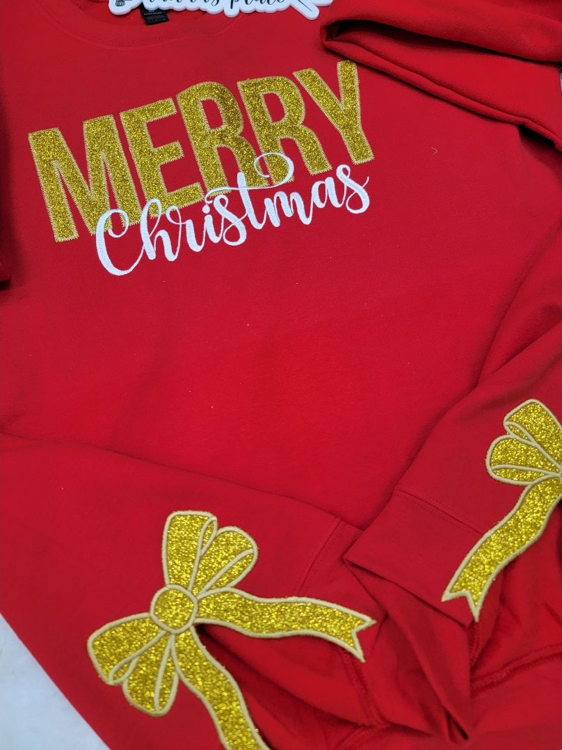 Merry Christmas Sparkle Split Side Bow Crewneck