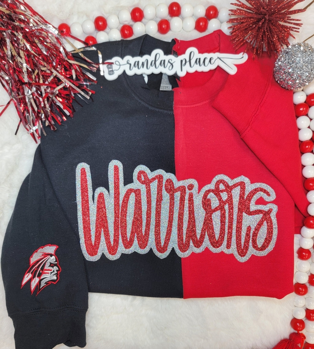 Central Warriors Split Sparkle Red & Black Crewneck