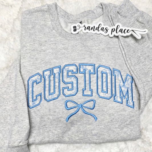 Custom Bow Light Blue Floral Applique Crewneck
