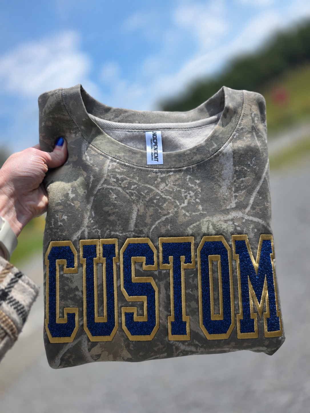 Custom Camo Sparkle Appliqué Crewneck