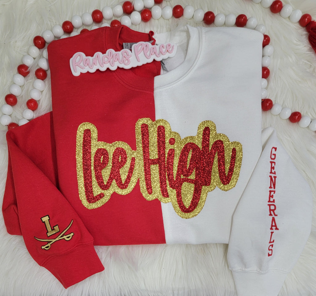 *FUNDRAISER*Lee High Split Sparkle Red & Gold Crewneck