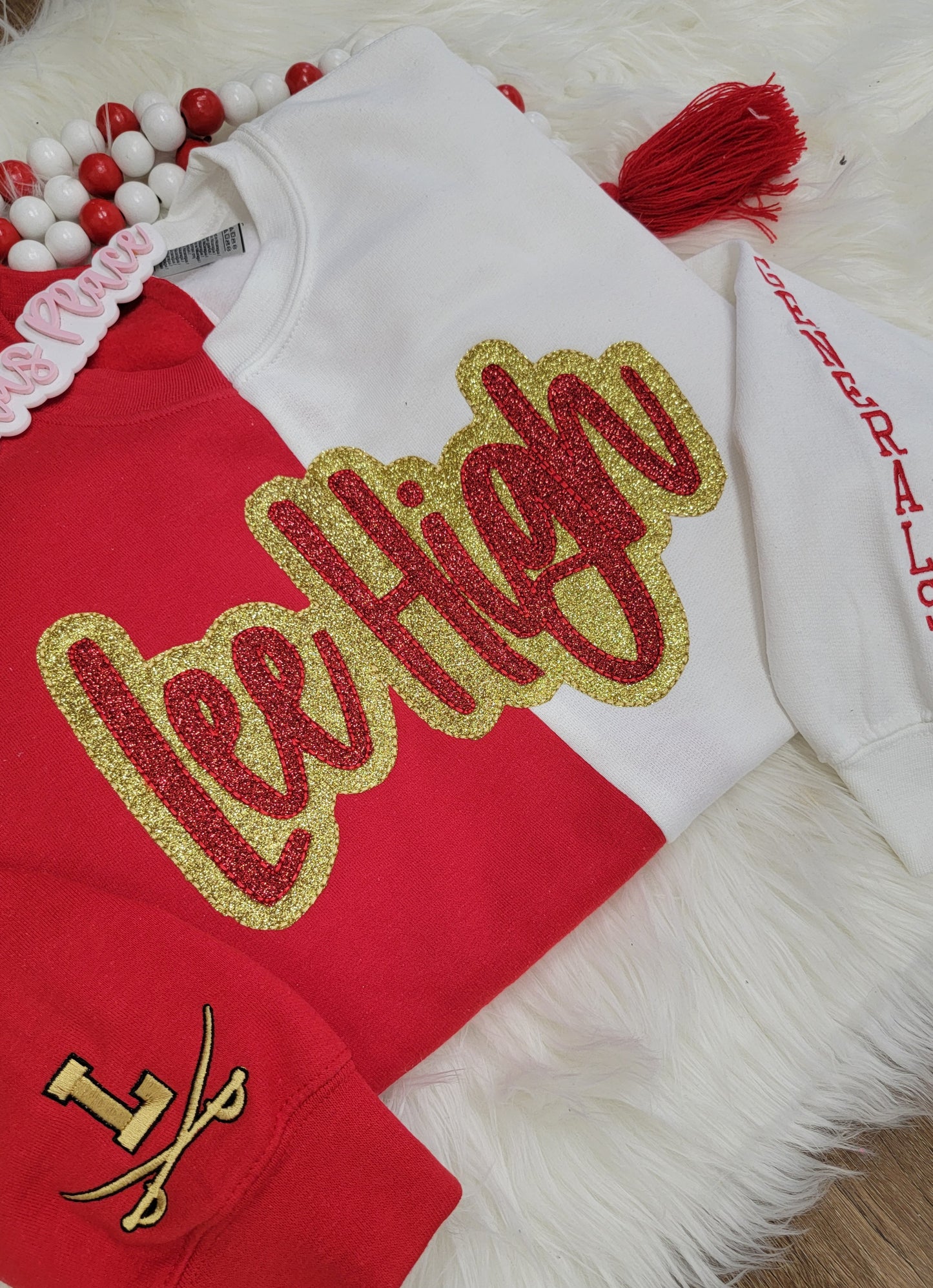 Lee High Split Sparkle Red & Gold Crewneck