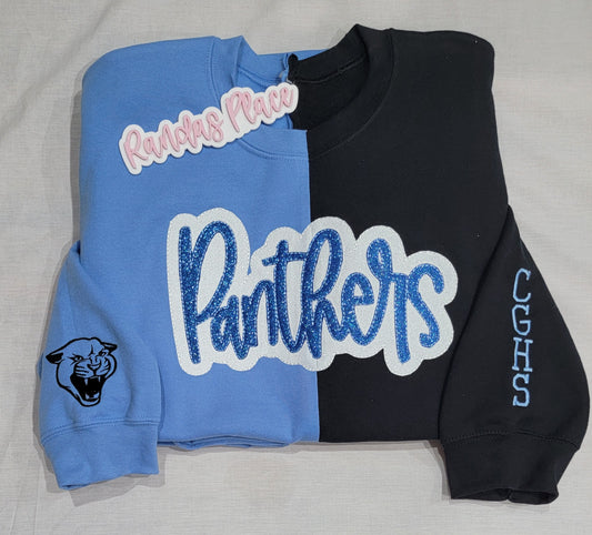 Panthers Split Sparkle Black & Blue Crewneck