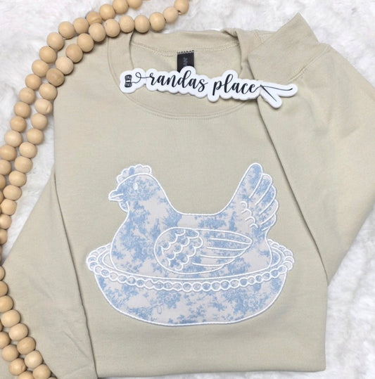 Hen Nest Chicken Embroidered Floral Crewneck