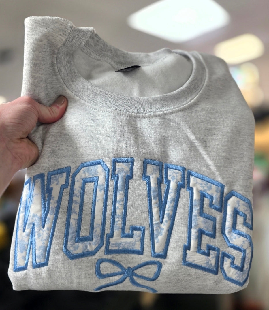 Custom Bow Light Blue Floral Applique Crewneck