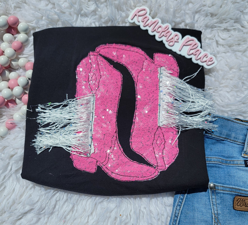 Black & Pink Sparkle Boot Tee