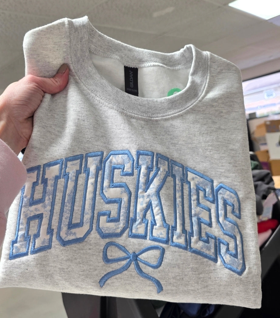 Custom Bow Light Blue Floral Applique Crewneck