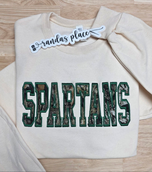 Spartans Varsity Camo Fabric Applique Crewnecky