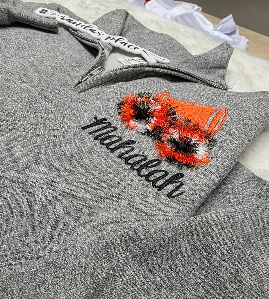 Custom Cheer Fringed 1/4 Zip Pullover – Personalized Megaphone & Pom Design