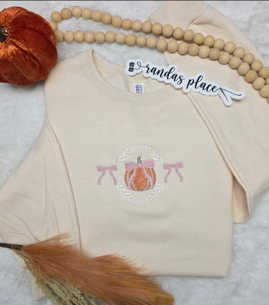 Fall Pumpkin Bow Embroidered Sweatshirt