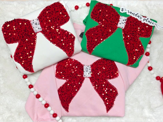 Embroidered Sequence Christmas Bow Crewneck
