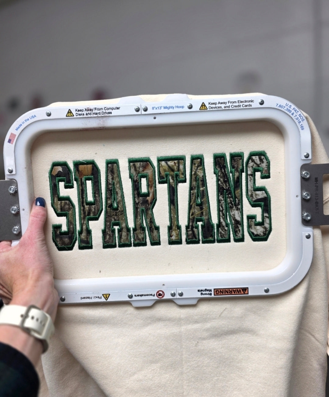 Spartans Varsity Camo Fabric Applique Crewnecky