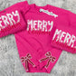 Merry Christmas Applique Side Bow Pink Embroidered Crewneck
