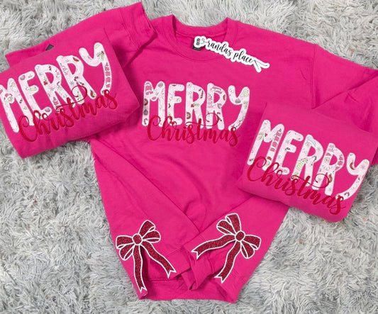 Merry Christmas Apploque Split Side Bow Pink Embroidered Crewneck