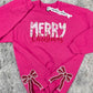 Merry Christmas Applique Side Bow Pink Embroidered Crewneck