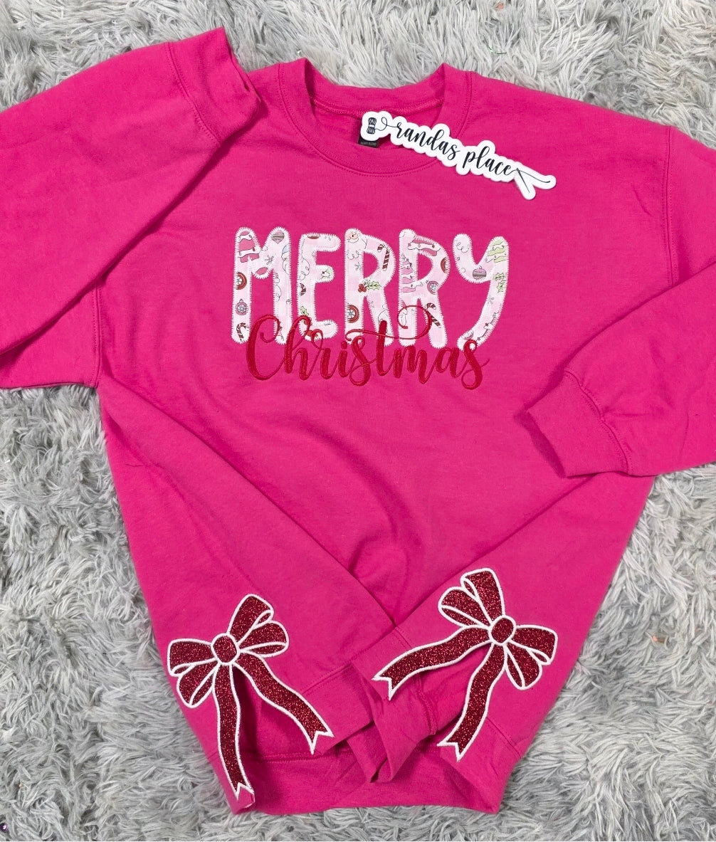 Merry Christmas Applique Side Bow Pink Embroidered Crewneck