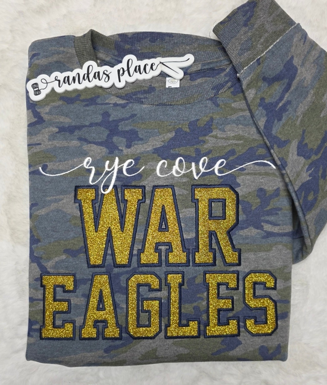 Rye Cove War Eagles Sparkle Ladies Camo Crewneck