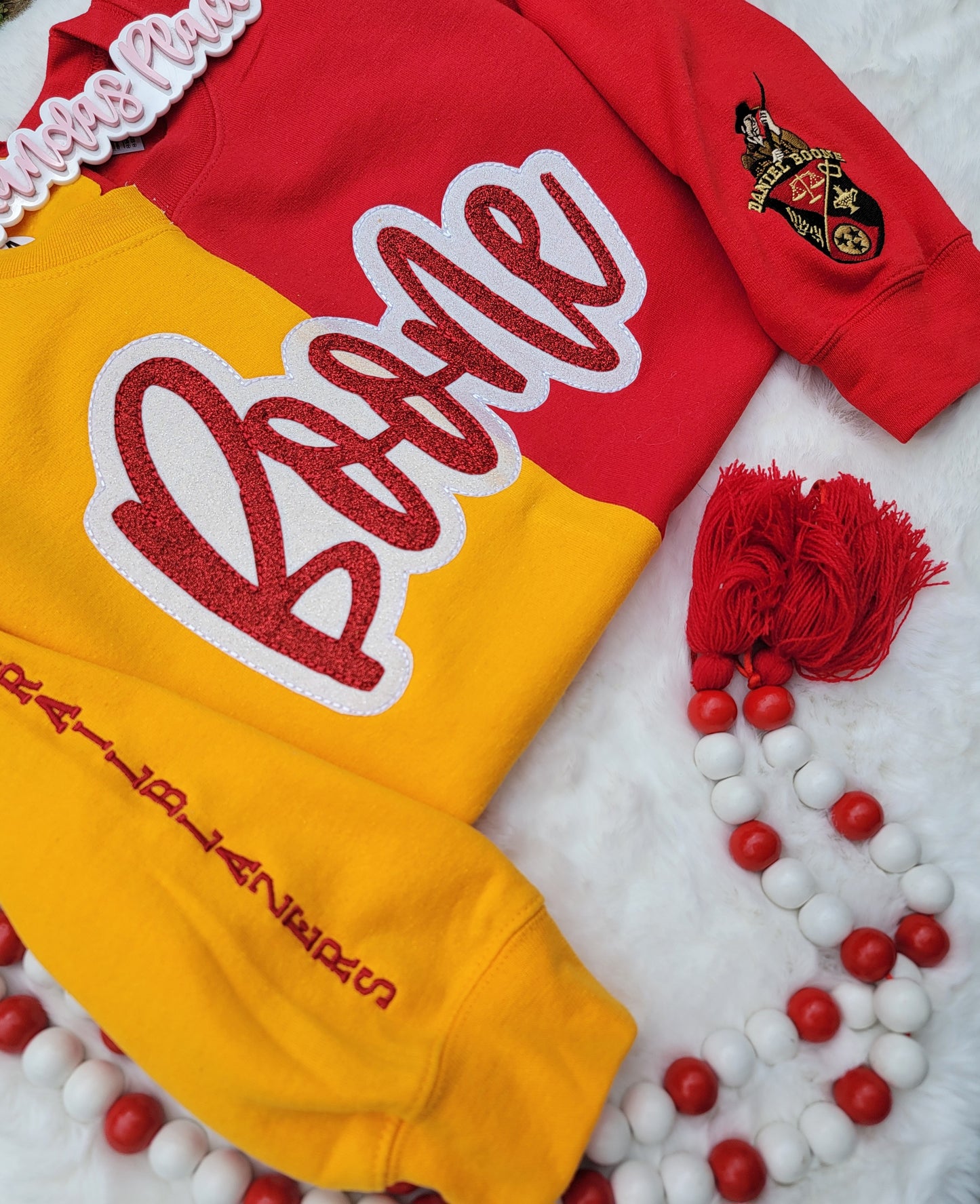 Boone Split Sparkle Red & Gold Crewneck